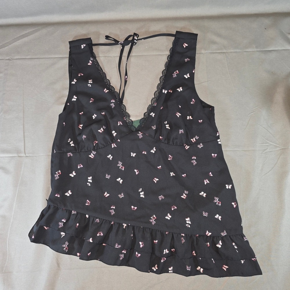 Wild Fable Black Butterfly Print Lace Trim Ruffle Hem V-Neck Tank Top Medium NWT